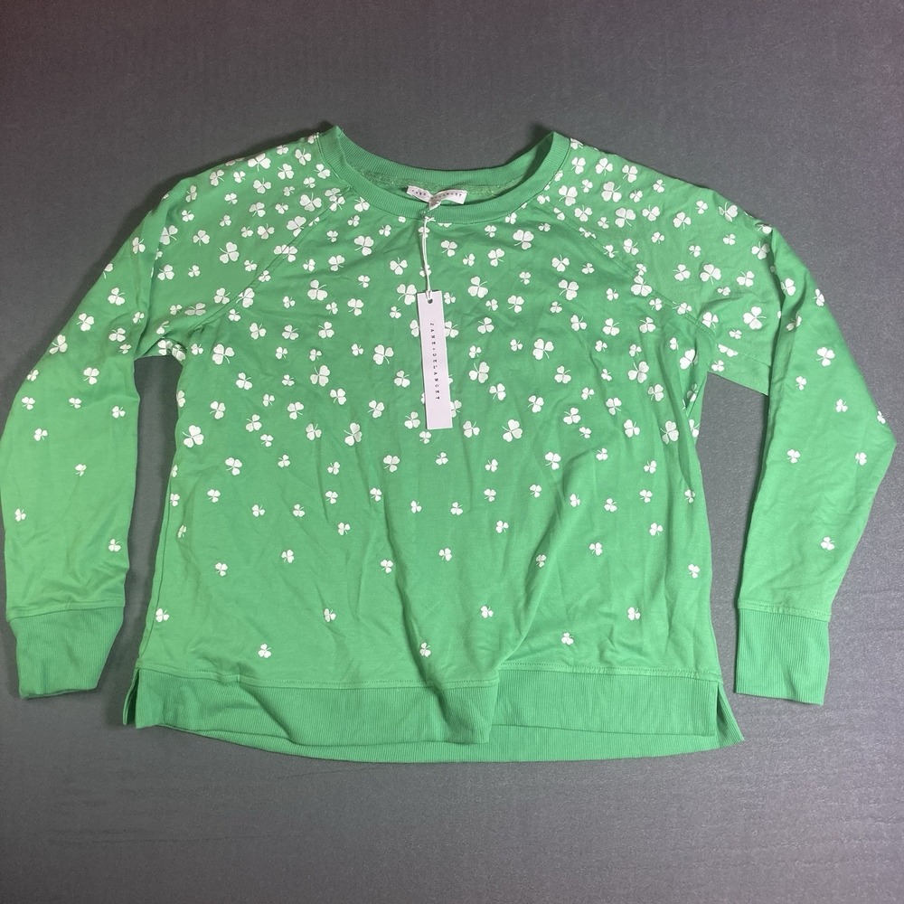NWT Jane + Delancey Green Clover All Over Print Sweatshirt Crewneck Women L